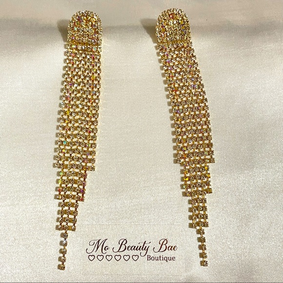Gold Rhinestone Drop Earrings - Picture 2 of 6